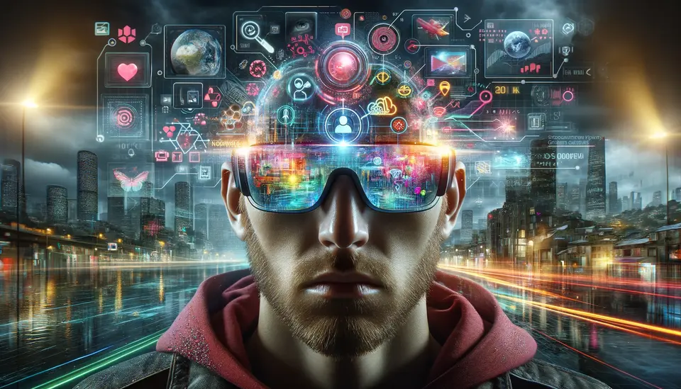 A visually compelling image that encapsulates the essence of smart glasses redefining identity and self-expression by merging digital and physical worlds. The scene includes a person wearing smart glasses, which display a vibrant, digital overlay of virtual elements and information across their field of vision, symbolizing the blend of reality and virtuality. This overlay includes icons or imagery representing social media, art, communication, and technology, illustrating how these glasses enable new forms of expression and connectivity. The background is a mix of urban and digital landscapes, highlighting the seamless integration of the digital world with everyday life. The overall atmosphere is futuristic and innovative, focusing on the potential of smart glasses to transform how we perceive ourselves and interact with our environment.